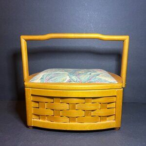 VTG Woven Wooden Fabric Leaf Pattern Top Hinged Lid Sewing Box w/ Removable Tray